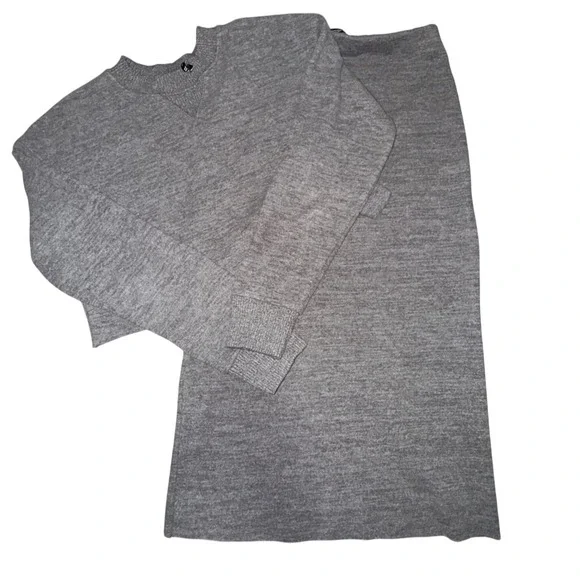 ZARA Knit 2pc Skirt Set Womens S Gray Cropped Sweater Midi Skirt Minimalist - Picture 2 of 10